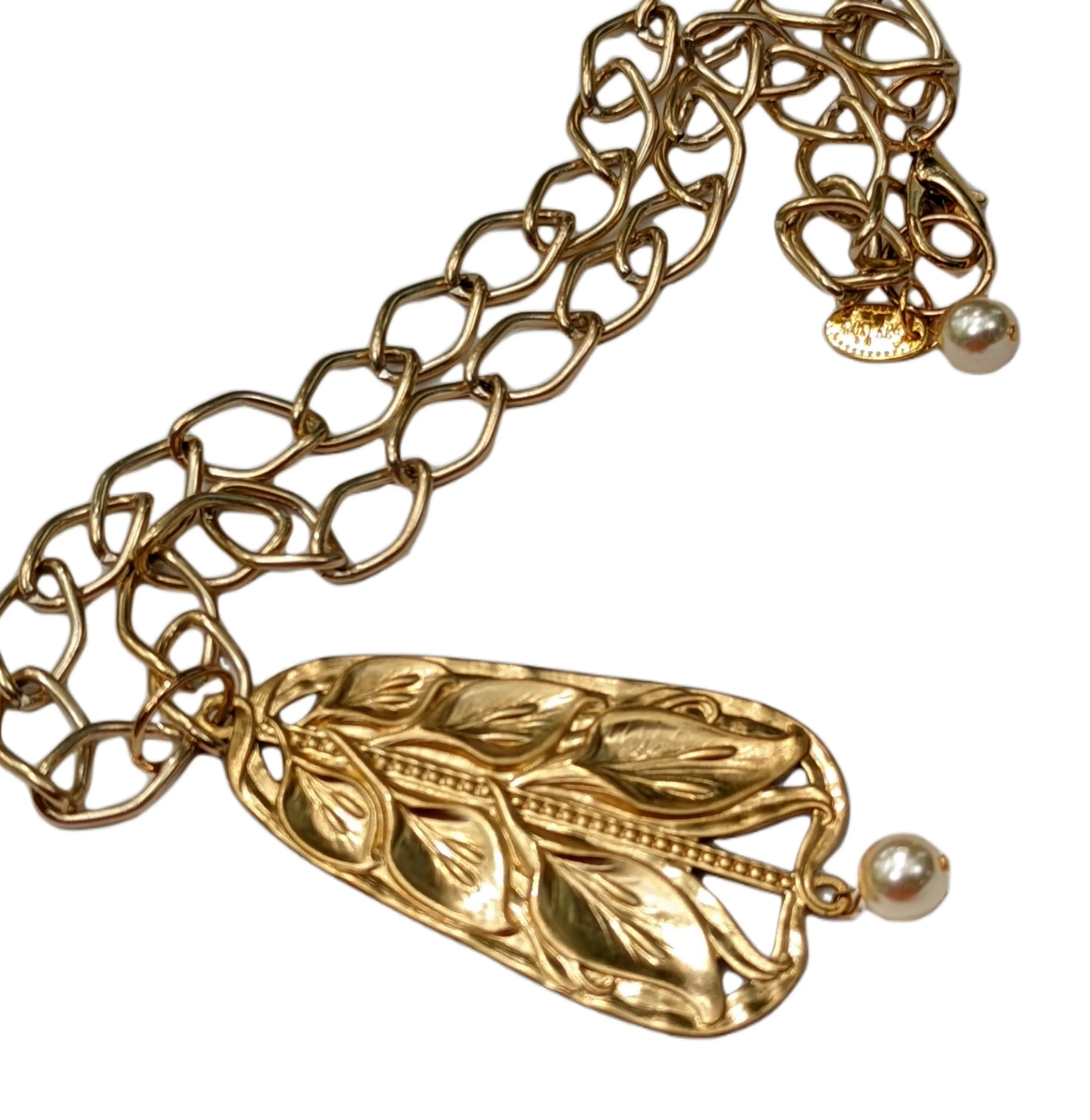 24k gold plated Art Nouveau Brass Pendant Necklace with Vintage Pearl USA Gay Isber Gift Box