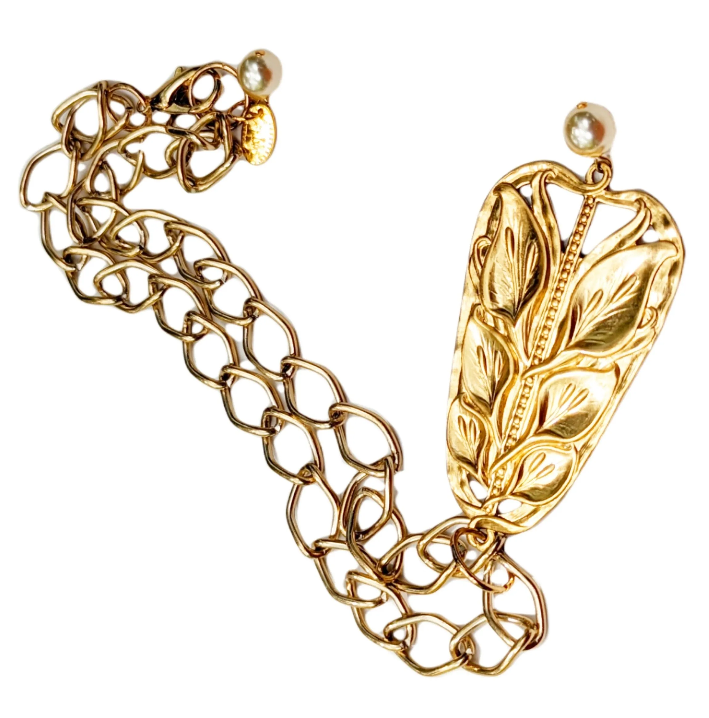 24k gold plated Art Nouveau Brass Pendant Necklace with Vintage Pearl USA Gay Isber Gift Box