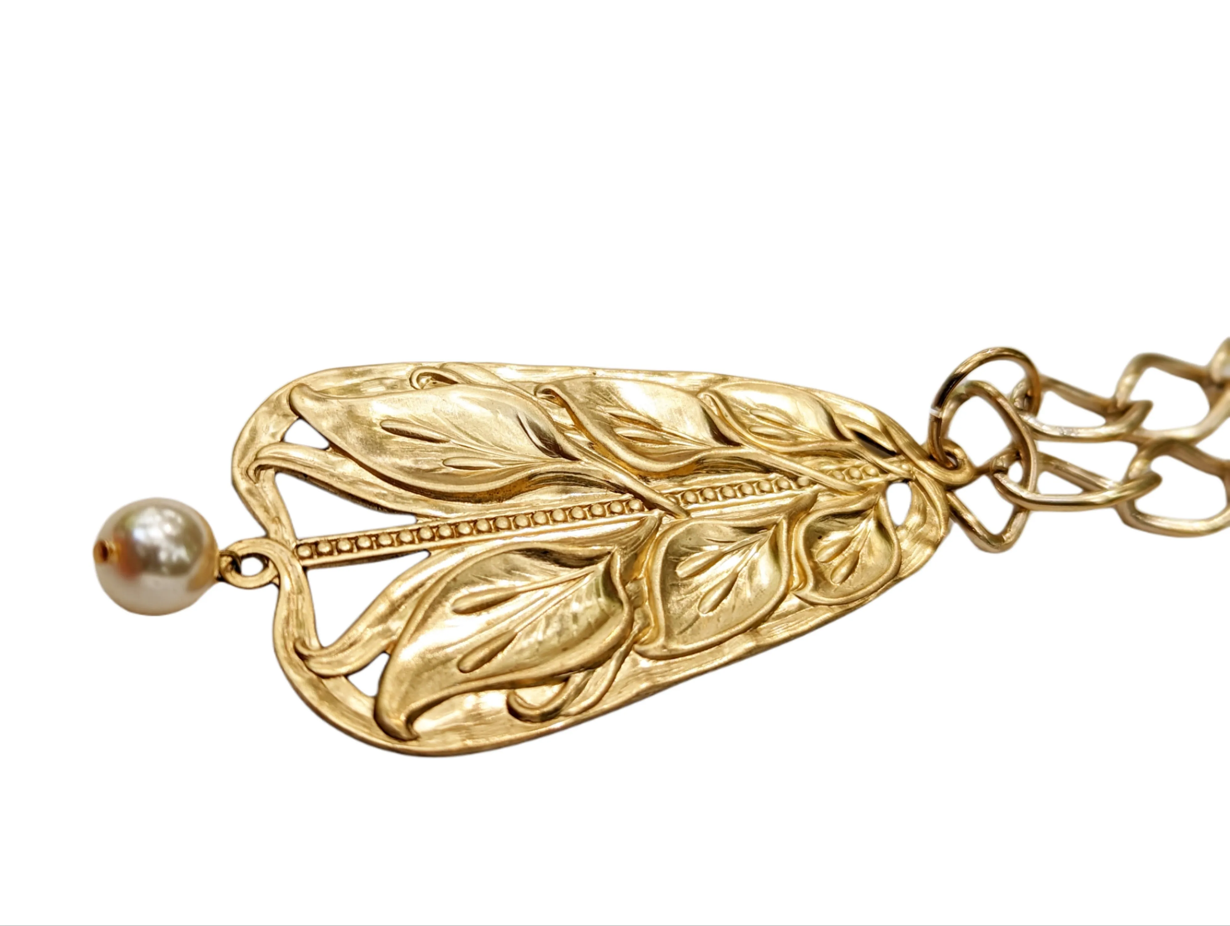 24k gold plated Art Nouveau Brass Pendant Necklace with Vintage Pearl USA Gay Isber Gift Box