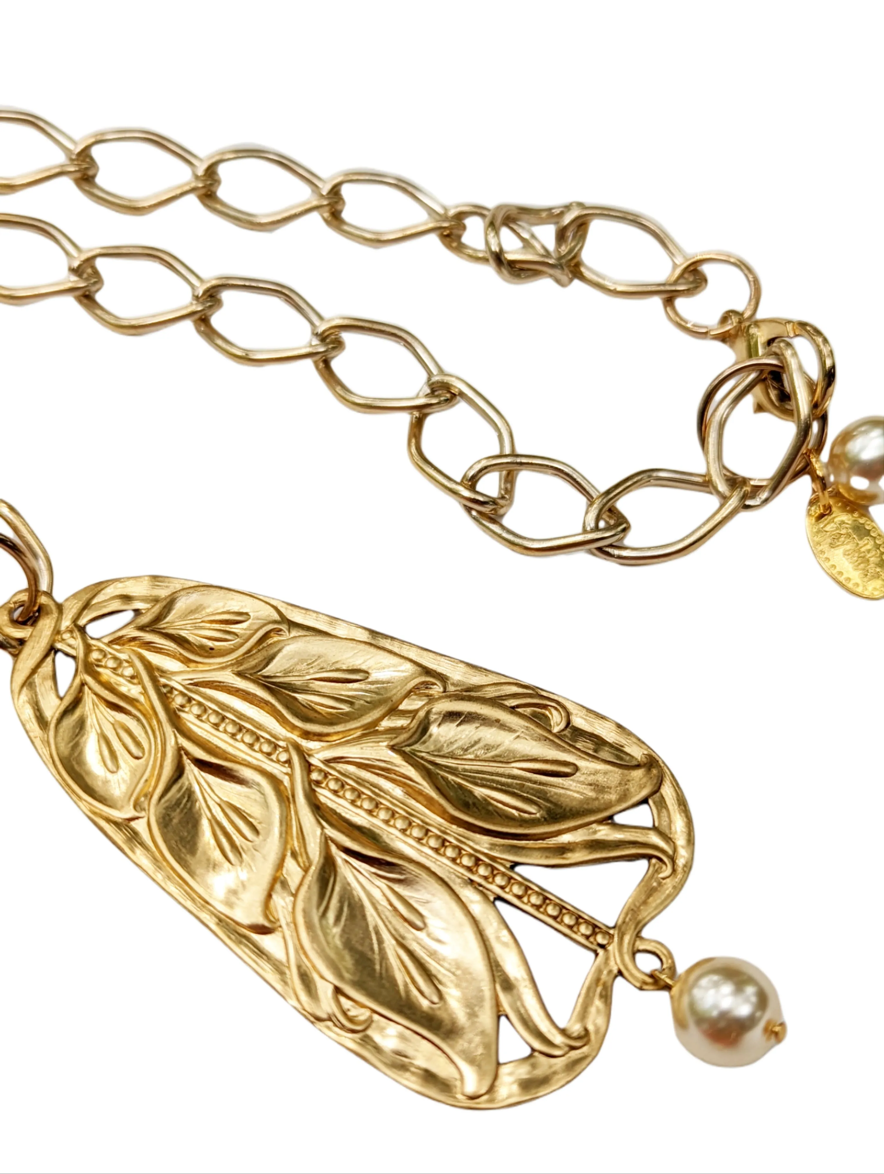 24k gold plated Art Nouveau Brass Pendant Necklace with Vintage Pearl USA Gay Isber Gift Box