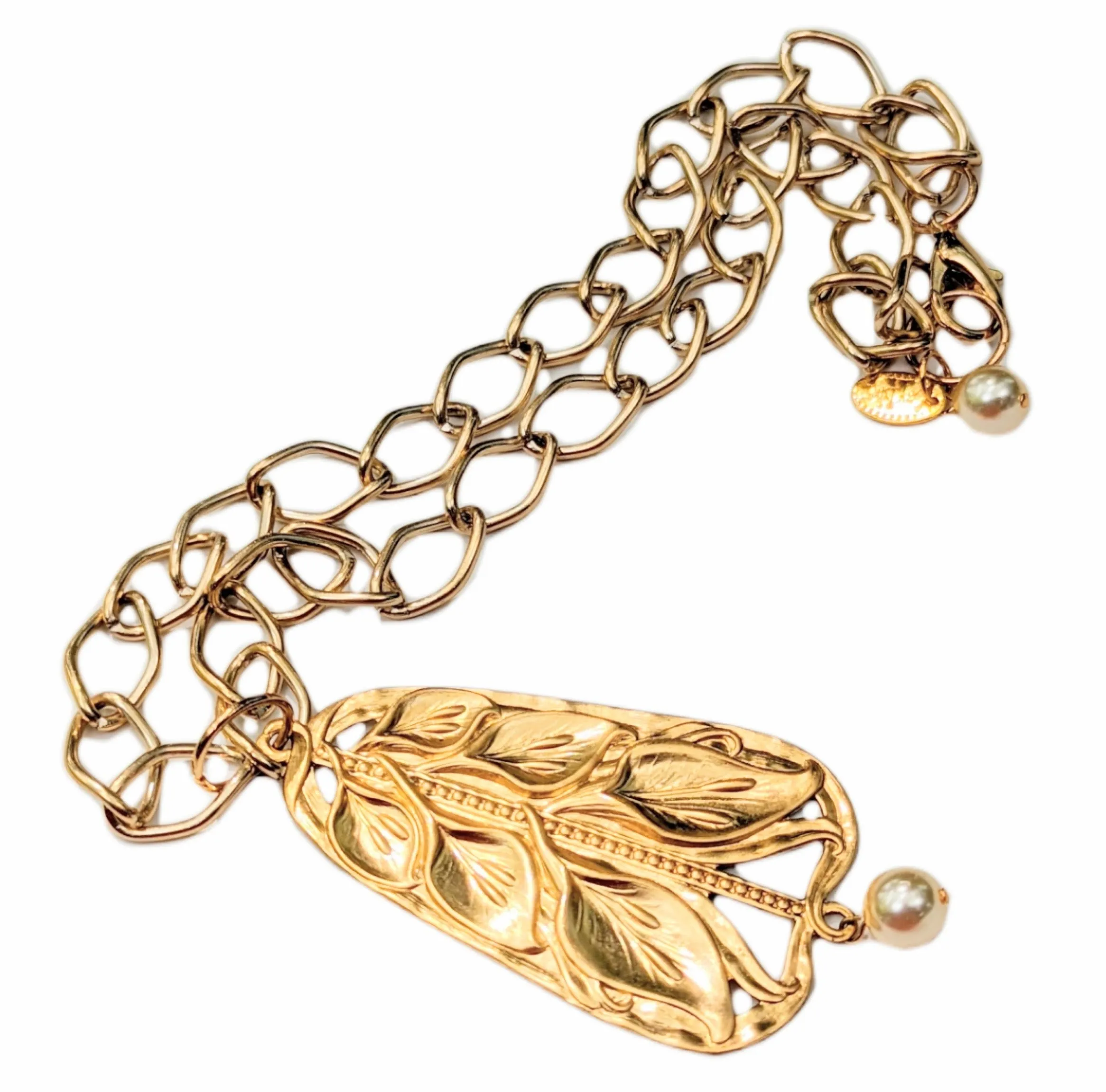 24k gold plated Art Nouveau Brass Pendant Necklace with Vintage Pearl USA Gay Isber Gift Box