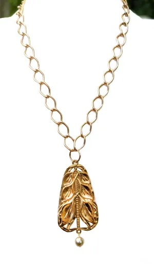 24k gold plated Art Nouveau Brass Pendant Necklace with Vintage Pearl USA Gay Isber Gift Box