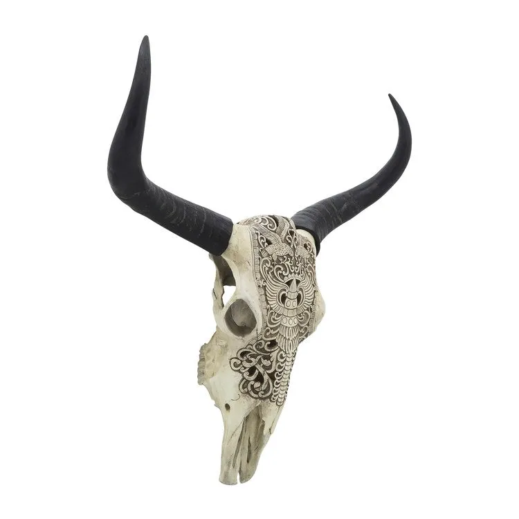 28" Polyresin Bull Skull Wall Decor - Ivory/Black (Knockdown Design)