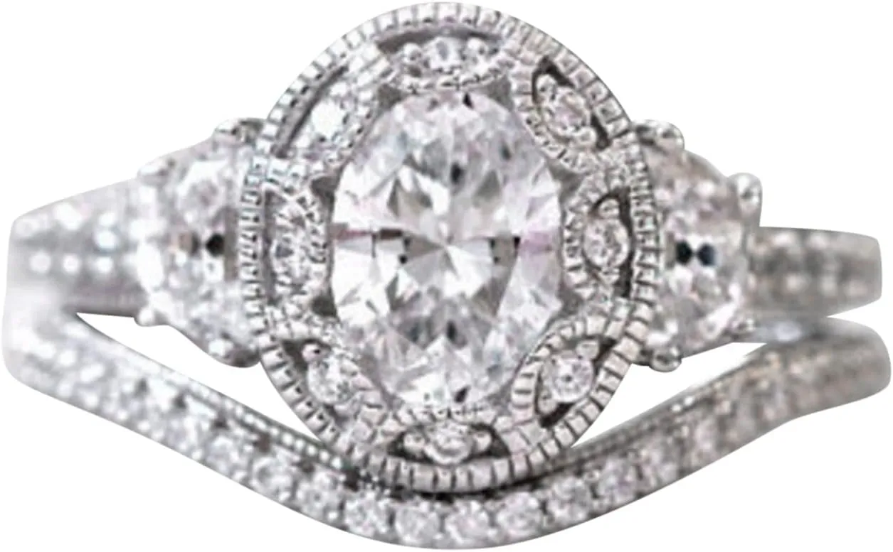 2pcs Women Inlaid Zircon Rings Set Exquisite Imitation Diamond Wedding Band Stackable Anniversary Ring (Silver, 6)