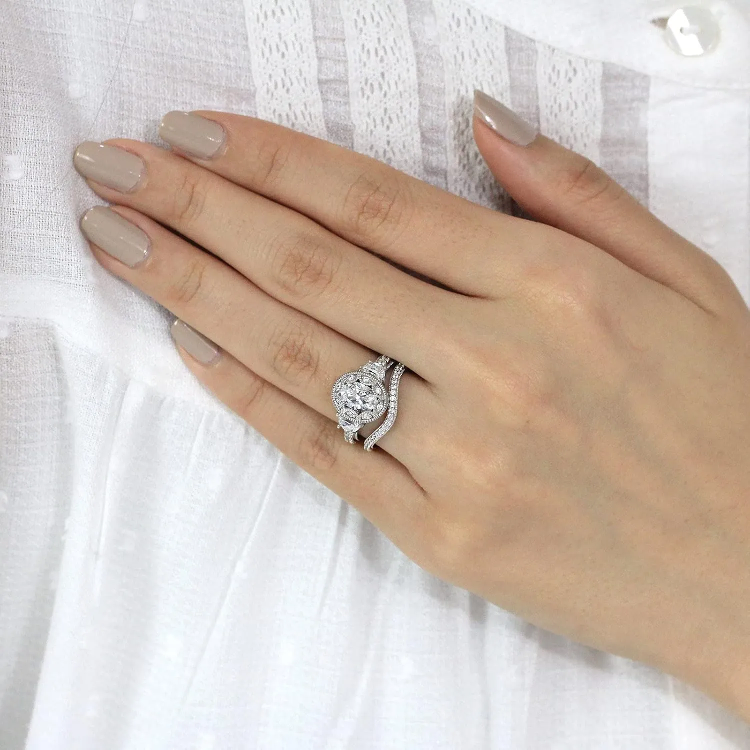 2pcs Women Inlaid Zircon Rings Set Exquisite Imitation Diamond Wedding Band Stackable Anniversary Ring (Silver, 6)
