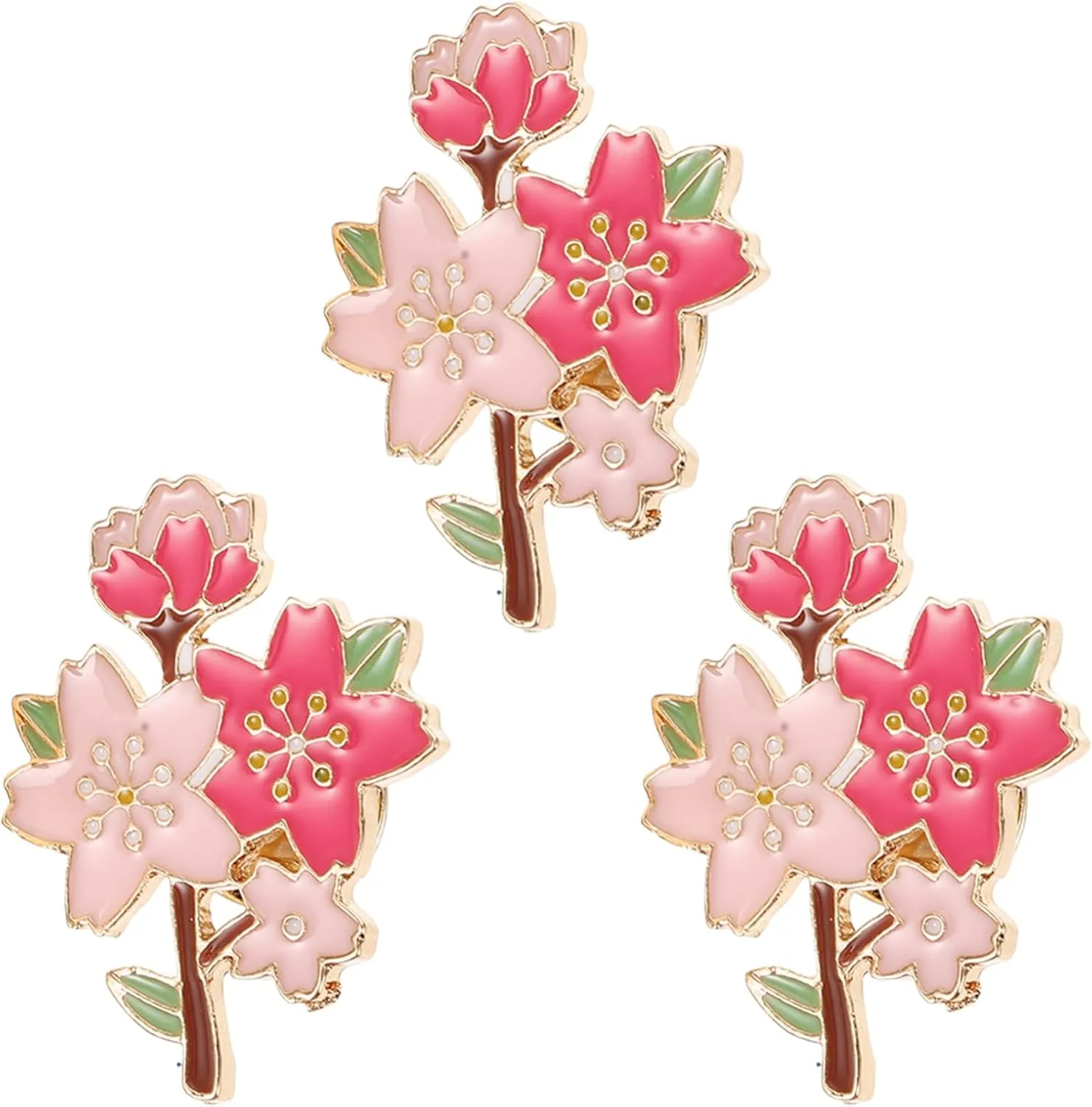 3Pcs Cherry Blossom Enamel Brooch Pins for Bags Hats and Clothing Cute Metal Flower Design Stylish Cartoon Floral Pins for Backpack Accessories