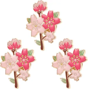 3Pcs Cherry Blossom Enamel Brooch Pins for Bags Hats and Clothing Cute Metal Flower Design Stylish Cartoon Floral Pins for Backpack Accessories