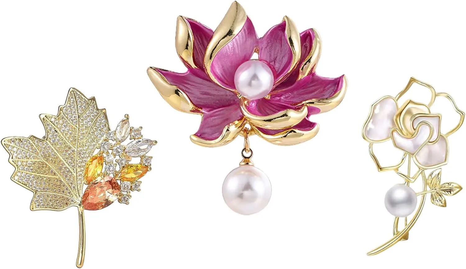 3Pcs Crystal Pearl Flower Brooches for Women Wedding Enamel Rhinestone Bridal Jewelry Floral Brooch Pins for Dresses Party Gift Accessories