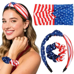 4th of July Women Headbands & Hair Scrunchies Set - 3 Pack American Flag Head Bands for Women Fourth of July Accessories, Red White Blue Knotted Headband Ties, Patriotic Hair Bands