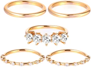 5 pcs Gold Rings for Women Non Tarnish, 14K Gold Plated Dainty Cubic Zirconia Band Ring, Minimalist Thin Stackable Rings Set for Women Ring