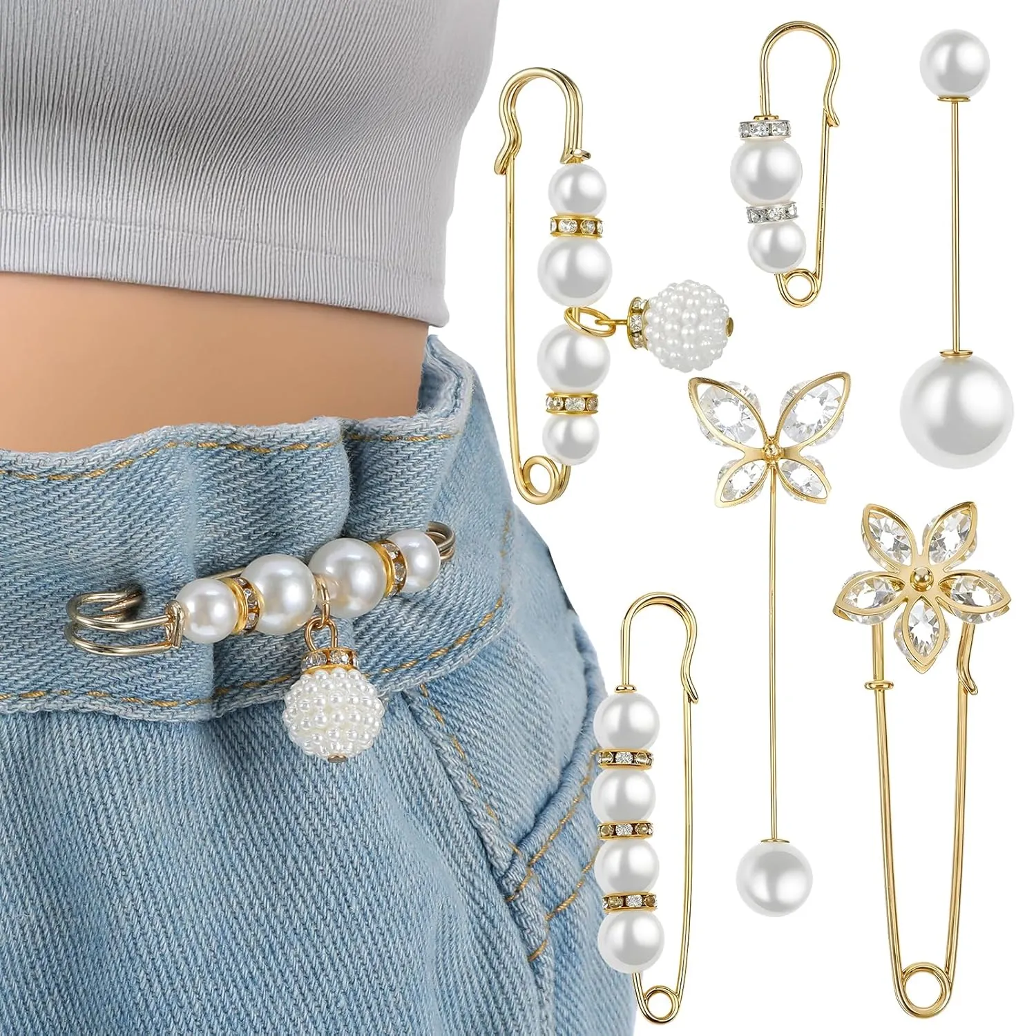 6 Pcs Gold Brooches for Women,Gold Safety Pins, Faux Pearl Brooch Rhinestone Brooches for Women, Sweater Shawl Pin, Decorative Pant Waist Tightener Safety Pins for Clothes