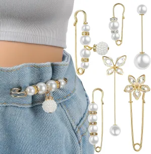 6 Pcs Gold Brooches for Women,Gold Safety Pins, Faux Pearl Brooch Rhinestone Brooches for Women, Sweater Shawl Pin, Decorative Pant Waist Tightener Safety Pins for Clothes