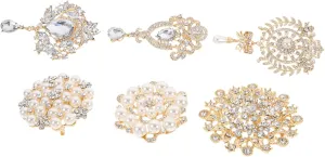 6pc Crystal Rhinestone Brooches Pearl Fashionable Corsage and Boutonniere Set for Women