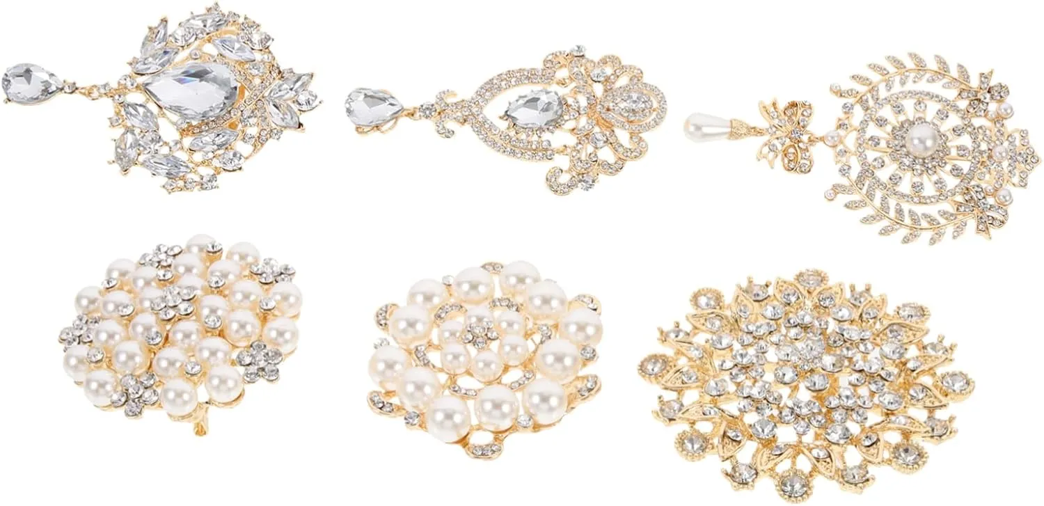 6pc Crystal Rhinestone Brooches Pearl Fashionable Corsage and Boutonniere Set for Women