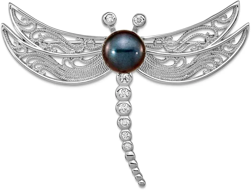 925 Sterling Silver Rhodium Plated Filigree Dragonfly Accented With CZ and 8 9mm Black Button Freshwater Cultured Pearl-Dragonfly Pin Brooch Brooches and-Pin for Women