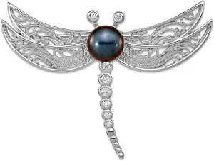925 Sterling Silver Rhodium Plated Filigree Dragonfly Accented With CZ and 8 9mm Black Button Freshwater Cultured Pearl-Dragonfly Pin Brooch Brooches and-Pin for Women