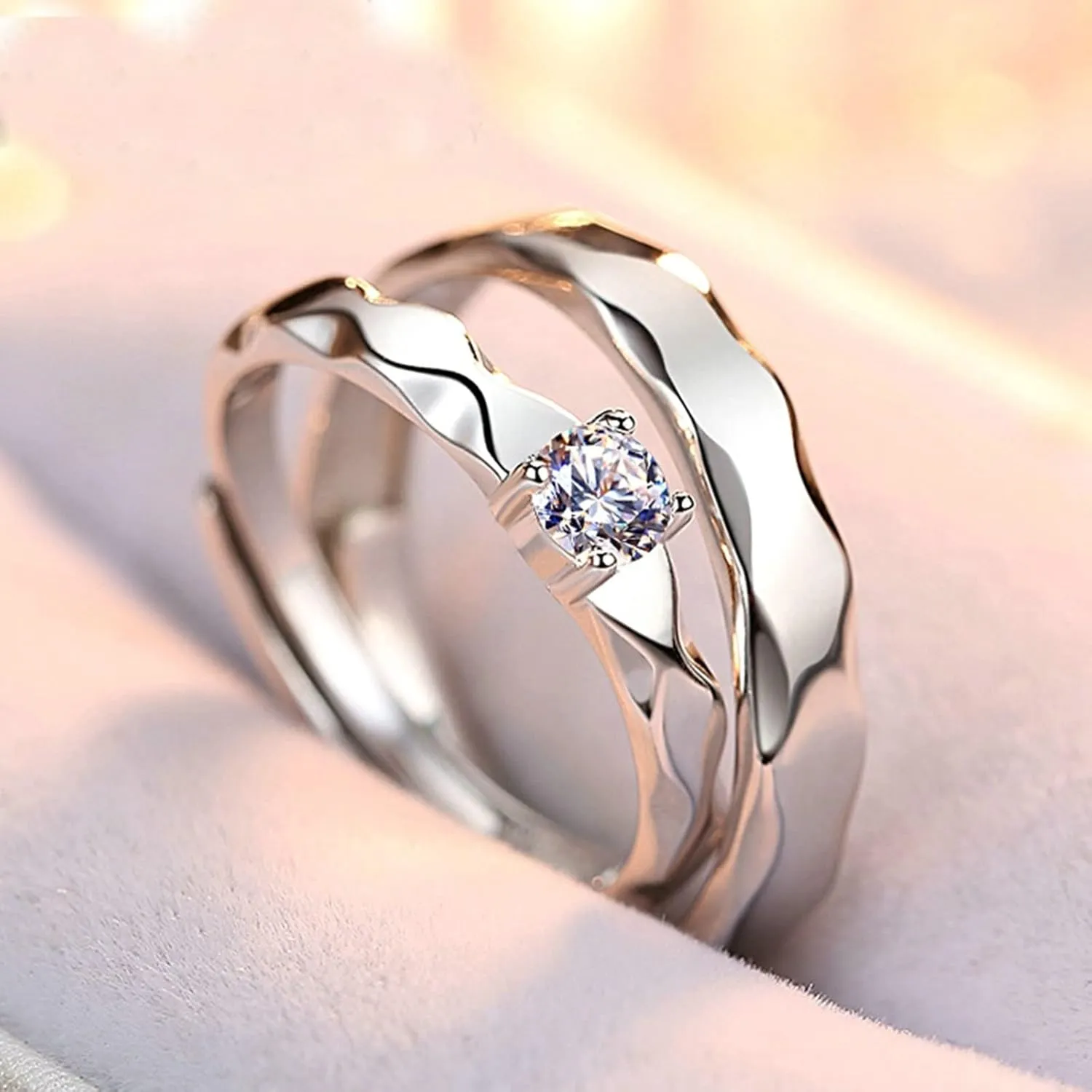 925 Sterling Silver Wedding Rings for Couples, Personalized Couples Rings Set Adjustable Wave Ring with Cubic Zirconia