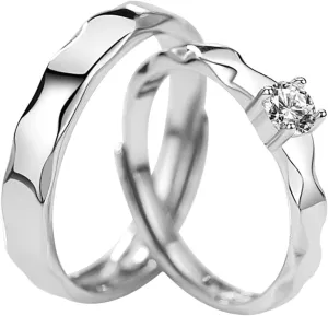 925 Sterling Silver Wedding Rings for Couples, Personalized Couples Rings Set Adjustable Wave Ring with Cubic Zirconia