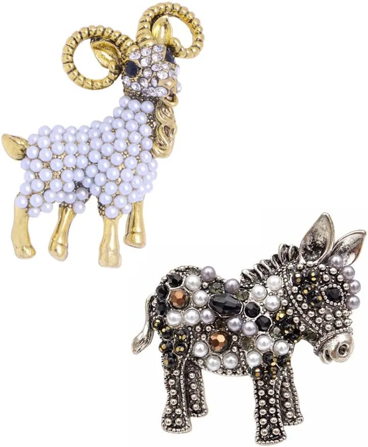 Acxico 2Pcs Fashion Alloy Pearl Goat Brooch and Fun Donkey Brooches Animal Pin Funny Cute Cartton Style Kid Gift, White , Black