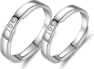 Adjustable Couples Rings Set, 925 Sterling Silver Wedding Rings for Couples Personalized Cubic Zirconia Ring Engraved I Do