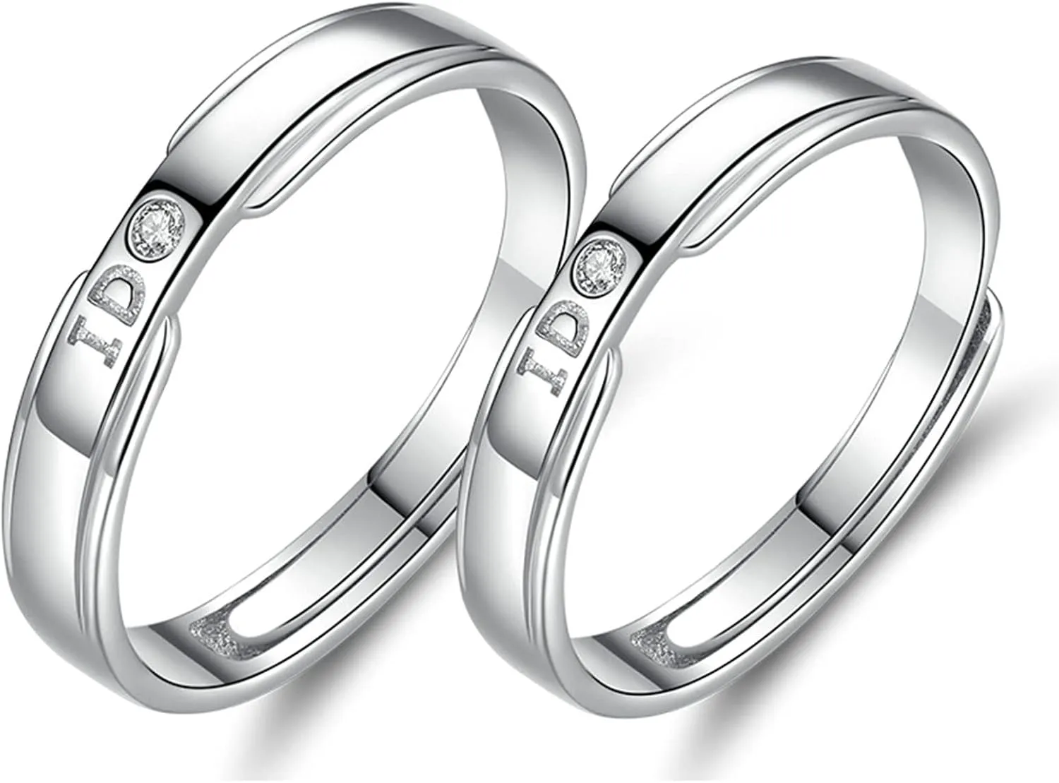 Adjustable Couples Rings Set, 925 Sterling Silver Wedding Rings for Couples Personalized Cubic Zirconia Ring Engraved I Do
