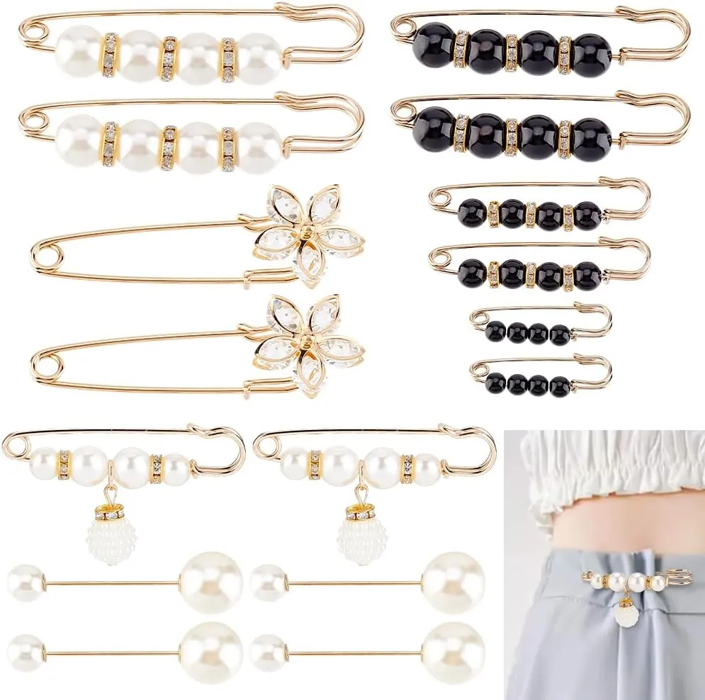 AHANDMAKER 16Pcs Pearl Brooch Pins, Adjustable Jean Button, Decorative Safety Pins for Clothing, Pant Waist Tightener, Sweater Shawl Pins, Pearl Rhinestone Brooches for Women Summer Dress Skirt Scarf