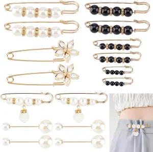 AHANDMAKER 16Pcs Pearl Brooch Pins, Adjustable Jean Button, Decorative Safety Pins for Clothing, Pant Waist Tightener, Sweater Shawl Pins, Pearl Rhinestone Brooches for Women Summer Dress Skirt Scarf