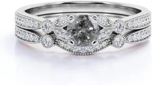Aihpos Natural Herkimer Diamond Bridal Rings Set for Women - 1.0 Carat Round Cut Salt and Pepper Diamond Ring Set Leaf Style Grey Diamond Engagement Ring Set 10K 14K 18K Gold Promise Ring Set