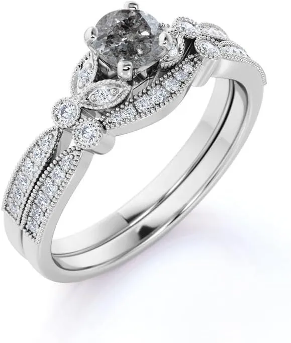 Aihpos Natural Herkimer Diamond Bridal Rings Set for Women - 1.0 Carat Round Cut Salt and Pepper Diamond Ring Set Leaf Style Grey Diamond Engagement Ring Set 10K 14K 18K Gold Promise Ring Set
