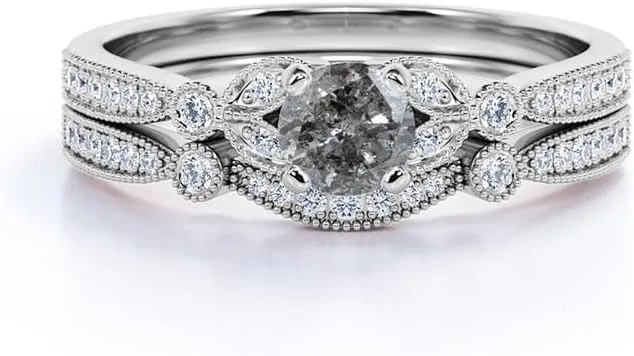 Aihpos Natural Herkimer Diamond Bridal Rings Set for Women - 1.0 Carat Round Cut Salt and Pepper Diamond Ring Set Leaf Style Grey Diamond Engagement Ring Set 10K 14K 18K Gold Promise Ring Set