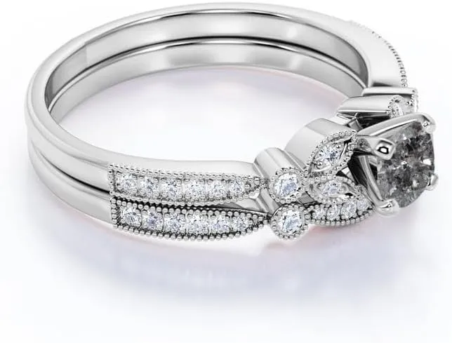 Aihpos Natural Herkimer Diamond Bridal Rings Set for Women - 1.0 Carat Round Cut Salt and Pepper Diamond Ring Set Leaf Style Grey Diamond Engagement Ring Set 10K 14K 18K Gold Promise Ring Set