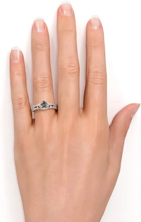 Aihpos Natural Herkimer Diamond Bridal Rings Set for Women - 1.0 Carat Round Cut Salt and Pepper Diamond Ring Set Leaf Style Grey Diamond Engagement Ring Set 10K 14K 18K Gold Promise Ring Set
