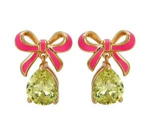Amelia Bow Studs Bright Pink Enamel, Lime CZ Teardrop Gold