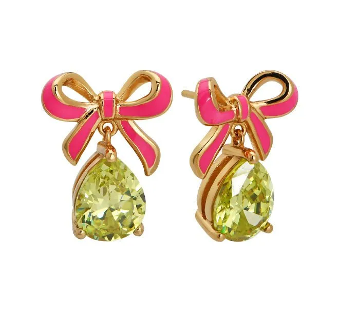 Amelia Bow Studs Bright Pink Enamel, Lime CZ Teardrop Gold