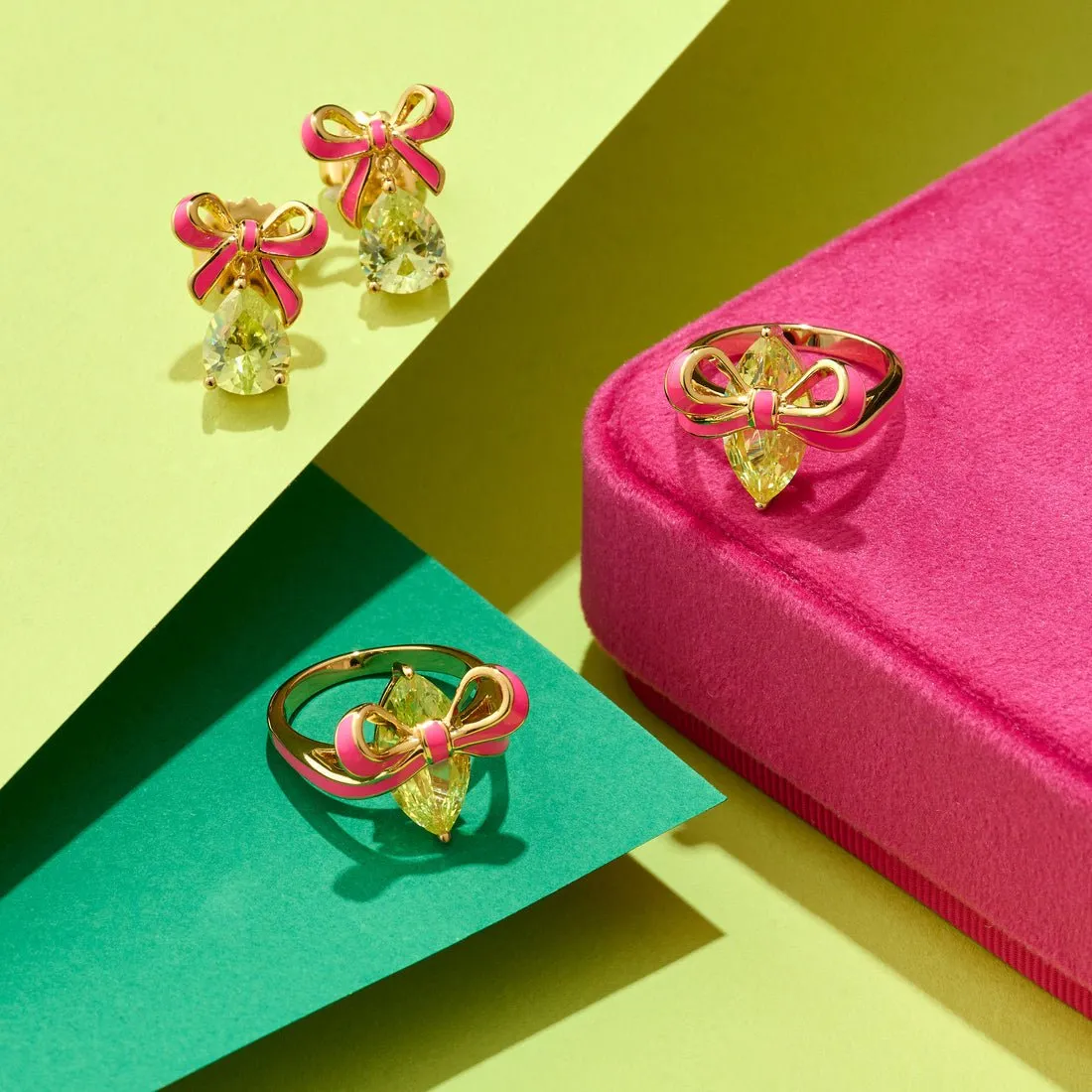 Amelia Bow Studs Bright Pink Enamel, Lime CZ Teardrop Gold
