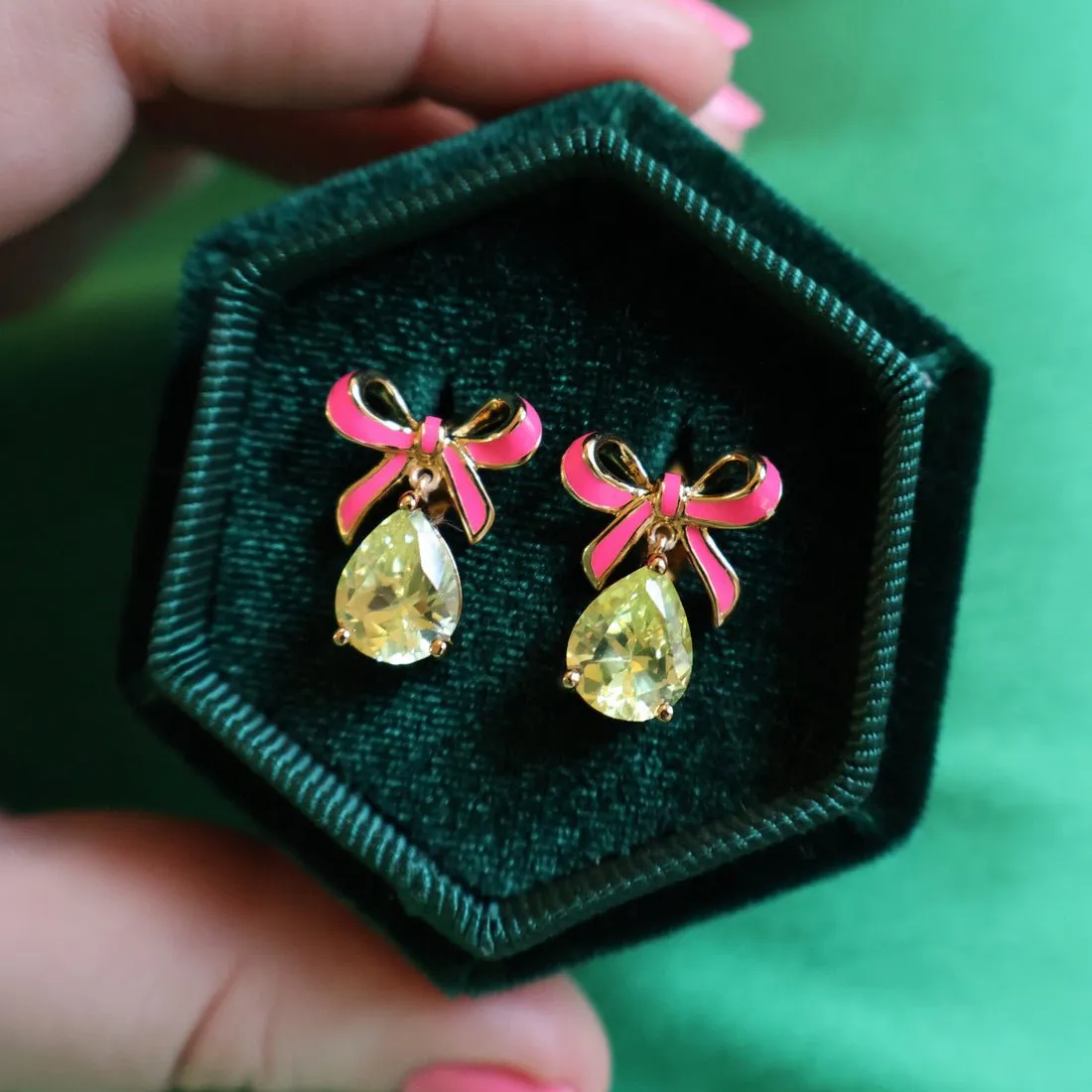Amelia Bow Studs Bright Pink Enamel, Lime CZ Teardrop Gold