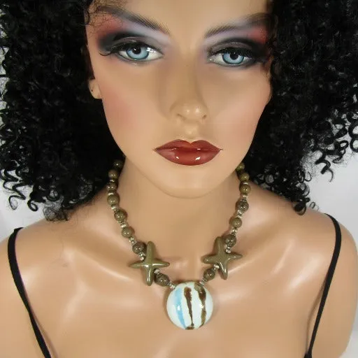 Aqua & Brown Handmade Fair Trade Kazuri Pendant Necklace