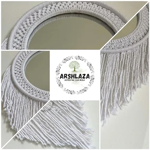 ARSHLAZA Macrame Hanging Wall Mirror with Macrame Round Mirror Art Boho Decor Macrame Decorative Mirror [M114] Framed, Off-White