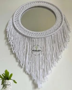 ARSHLAZA Macrame Hanging Wall Mirror with Macrame Round Mirror Art Boho Decor Macrame Decorative Mirror [M114] Framed, Off-White