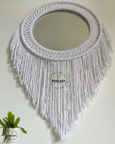 ARSHLAZA Macrame Hanging Wall Mirror with Macrame Round Mirror Art Boho Decor Macrame Decorative Mirror [M114] Framed, Off-White