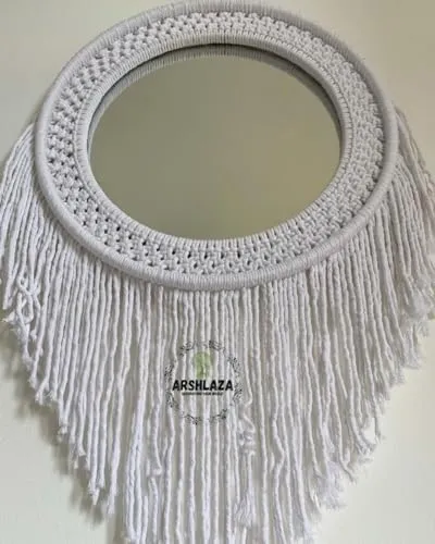 ARSHLAZA Macrame Hanging Wall Mirror with Macrame Round Mirror Art Boho Decor Macrame Decorative Mirror [M114] Framed, Off-White