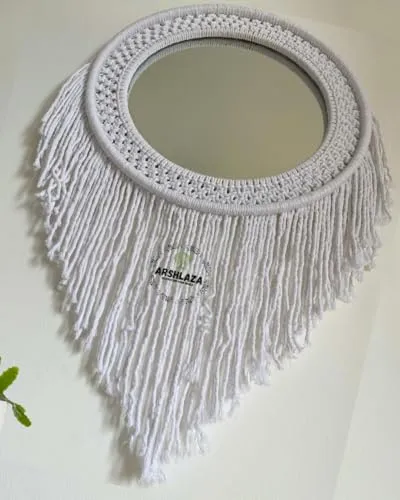 ARSHLAZA Macrame Hanging Wall Mirror with Macrame Round Mirror Art Boho Decor Macrame Decorative Mirror [M114] Framed, Off-White