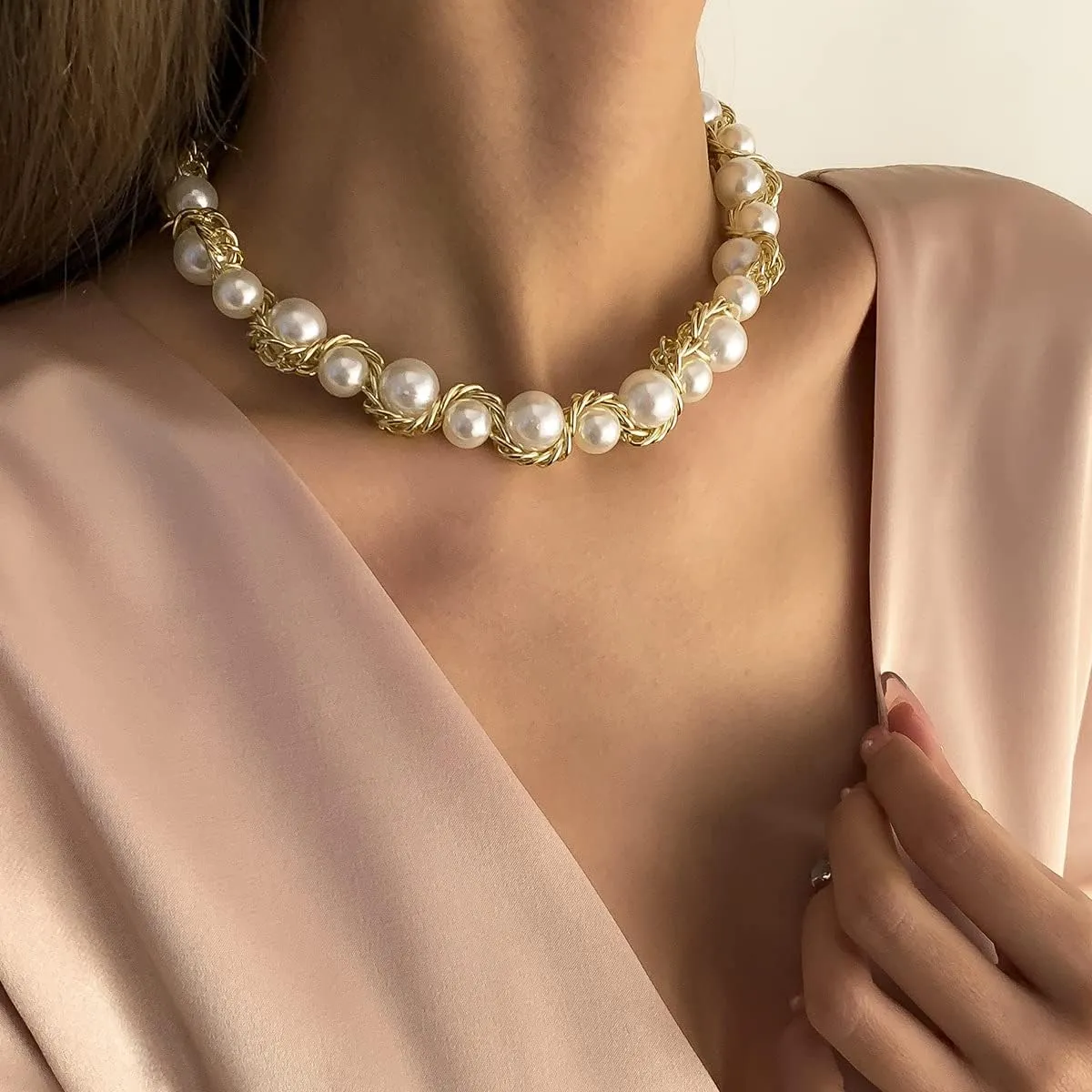 Artificial Pearl Necklaces For Women??White Big Pearl Layer Silver Necklace Beaded Trendy Heart Dainty Statement Cute Wedding Simple Bride Jewelry For Women