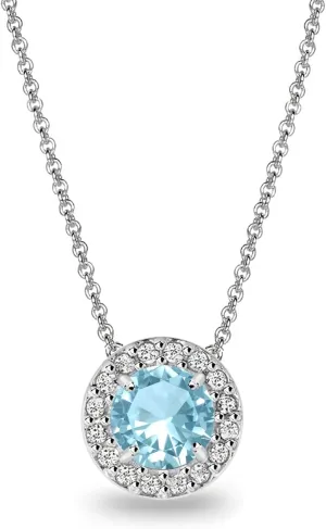 B. BRILLIANT Paraiba Necklace for Women Sterling Silver Simulated Light Blue Round Halo Pendant Necklaces Bridesmaids Birthday