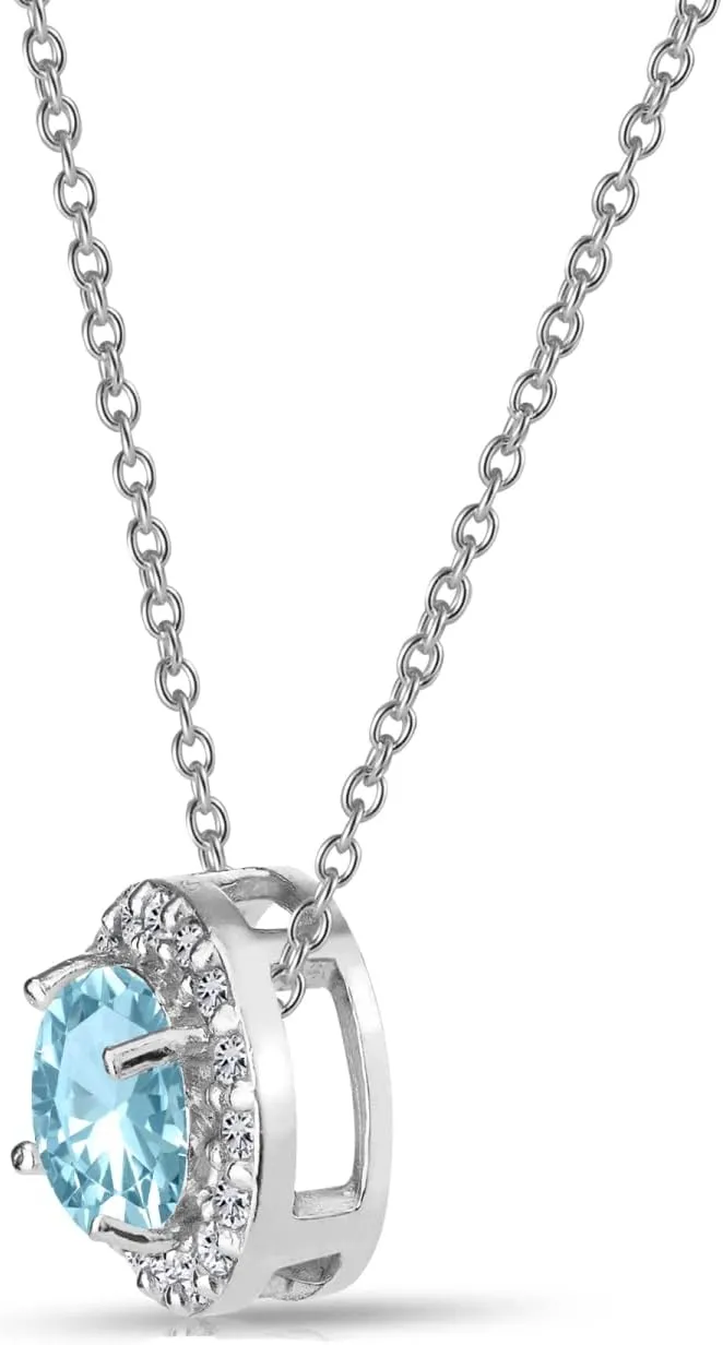 B. BRILLIANT Paraiba Necklace for Women Sterling Silver Simulated Light Blue Round Halo Pendant Necklaces Bridesmaids Birthday