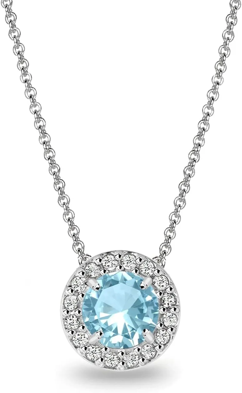 B. BRILLIANT Paraiba Necklace for Women Sterling Silver Simulated Light Blue Round Halo Pendant Necklaces Bridesmaids Birthday