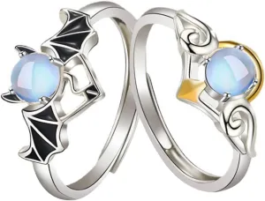 BESPORTBLE 2Pcs Matching Couple Rings Creative Angel and Devil Design Moonstone Rings for Men and Women Valentine's Day Present for Lovers Fashionable Jewelry