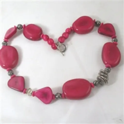 Big Bold Vegetable Ivory Tagua Nut Bead Necklace in Hot Pink