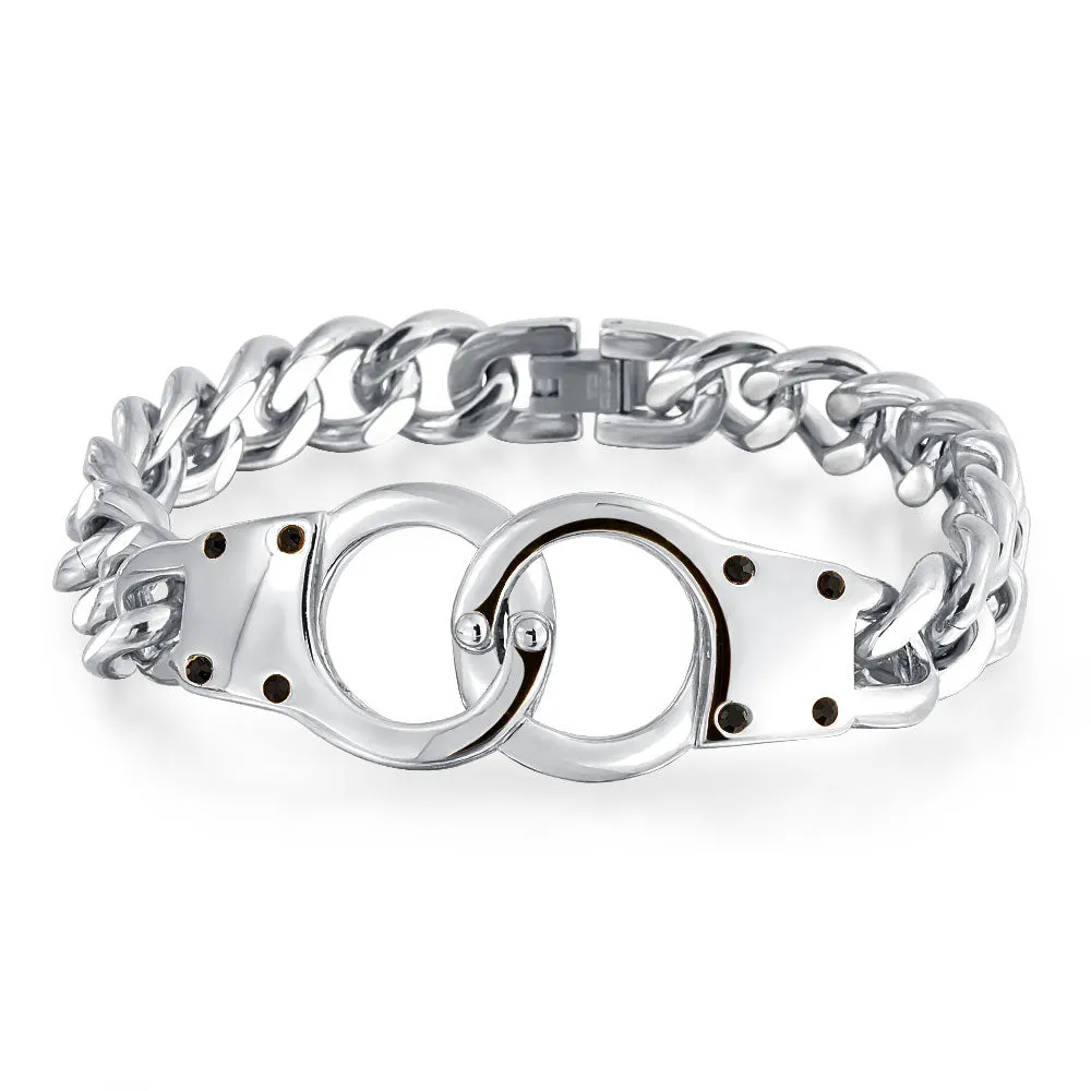 Biker Jewelry Chain Link Bracelet with Handcuff and Padlock Black IP Silver Tone 8-8.5 Inch