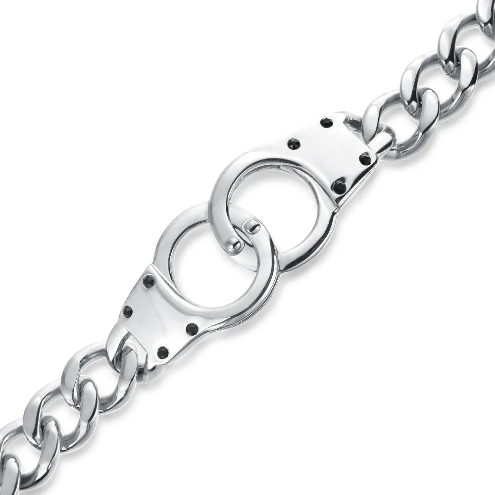 Biker Jewelry Chain Link Bracelet with Handcuff and Padlock Black IP Silver Tone 8-8.5 Inch